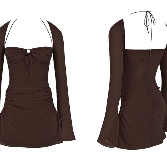 house of cb BABY CHOCOLATE CHIFFON CUTOUT HALTER MINI DRESS - Picture 2 of 10